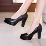 Work Shoes, Women's Black Dress, Professional Leather Shoes, Waterproof Platform, High Heels, Pointed, Large Size, Shallow Mouth, Thick