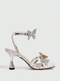Breakj Women's Round Head Three-Dimensional Flower Paint And Fine High Heel Sandals Women's Shoes Elegant Silver High