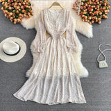 New Summer Casual Ciffon Single Breasted Puff Sleeve Women mid-Calf Dresses A Line V Neck Solid Slim Lady Full