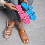 Women's Slippers 2023Summer Gold color Thin belt combination Square Head Flat Heel Female plus size outdoor beach women