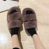 Women Slippers Faux Fur Home Cozy Furry Slides Comfortable Open Toe Designer Fluffy Black Plush Warm House Women