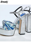 Women's Sandals Fashion 2023 Metal Luxury Elegant Platform Sandals Ankle Buckle Super Chunky High Heels Rivet Party