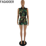 Sexy Women Camouflage Set Two Pieces Sets Pockets Patchwork Zipper Crop Top Shorts Camo 2 Piece Outfits Night Club