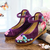 Breakj Shoes, Single Shoes, Peony Folding Fan Ancient Wind Embroidered Cloth Shoes, A Word Buckle Retro Slope Heel