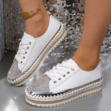Shoes for Women Sneakers Crystal Thick Soles Casual Rhinestones PU Walking Flats Thick Bottom Lace Up Shoes Plus Size