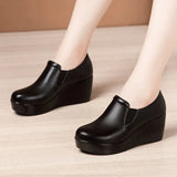 Heel Deep Mouth Single Shoes Women's Autumn New Round Head Middle Heel Muffin Thick Sole Waterproof Platform Large Size Step On Mother's