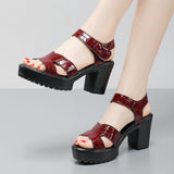 Breakj Leather High Heel Waterproof Sandals Women Fashion Crocodile Pattern Walking Shoes Summer Coarse Heel Magic Sticky H Women's