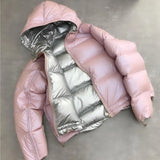 Winter Jacket White Duck Down Parkas Women Gold Silver Double Side Coat Big Aritificial Fur Hooded Female Down
