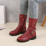 Mid-Calf Boots Plus Size 43 Women Buckle Goth Boots Female Low Square Heel Zipper Leather Flat Shoes Red Black Grey