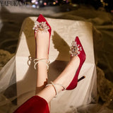 Pearl Chain Buckle Strap Thin High Heels Crystal Flower Decor Wedding Bridesmaid Shoes Temperament Party Prom Lady