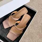 Breakj New Square Head With Bare-Colored Sandals Women Summer Coarse Heel Exposed Outside Wearing Cold Slippers Black High