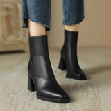 Breakj Brown Soft Leather Thick Heel Short Boots Female 2024 New High-Heel Martin Boots British Style Small Square Head Thin