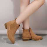 Women's Natural Suede Leather Elastic Patchwork Slip-on Flats Autumn Ankle Boots Square Toe Casual Short Chelsea Boots Shoes