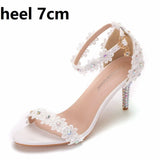Queen Women Lace Wedding Shoes Thin High Heels White Bridal Open Toe Sandals Summer Strap Ankle Sexy Party