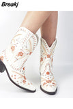 New 2023 Spring Autumn Western Boots With Flower Fashion Cowgirl Walking Comfy Woman Ankle Boot