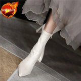 Women's Boots High Heels Half Footwear White Pointed Toe Elastic Shoes for Woman Mid Calf Elegant Heeled 2023 New Spring Pu