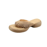 Breakj Summer New Thick High With Thick Bottom Tassel Flip-Flops Summer Outside Wear British Style Retro Versatile Sandals