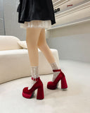 Breakj Thick-Soled New Chinese Single-Shoe Women Waterproof Table Small Velvet High Heels Cross With Round Head Mary Treasure