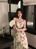 Vintage Floral Strap Dress Casual 2023 Summer Evening Party One Piece Dress Korean Sleeveless Elegant Midi Dress