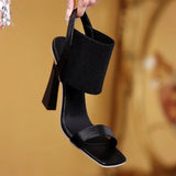 Women 2023 Summer New Casual Pure Black Elastic With Super High Heel Square Head Thick Heel Empty Women's