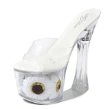 Women Model Shoes Thick Super High heels 17cm Sunflower Waterproof Fishmouth Sandals Transparent Crystal Shoes Wedding