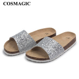 2023 New Summer Bling Sequin Cork Slipper Women Casual Outside Beach Solid Color Flip Flops Slides