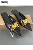 Mules Women's Pointed Toe Slippers Flat Heel Metal Trim Indoor Sandals Summer Outdoor Flip-Flops Metal Chain Dress