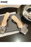 Rhinestone Butterfly Knot Slippers Fine Heel Sandal Women Crystal Fairy Pink Blue Bow Diamond High Heel Mule Shoes For
