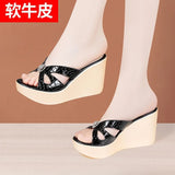 Slope Heel Slippers Women Summer 2024 Muffin Thick Soles Wear One-Word Flip-Flops Large Size Slippers Wear Fashionable Lacquered Leather