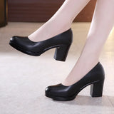 Work Shoes Black Job Interview Formal Dress Round Head Thick Heels Large Size 40-43 Women's Single