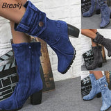 jeans boots Women's Mid-rise Rome Solid Slip-On Chunky Med Heels Boots wild vintage Large Size Ladies