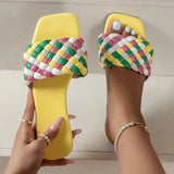 Mix Color Woven Summer Slippers Women 2023 New Square Toe Flat Sandals Woman Plus Size Non Slip Beach Slides Flip