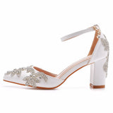 Queen Women 7CM Thick High Heels Sexy Pumps White Luxury Rhinestone Wedding Bride Shoes Pointed Toe Buckle Strap