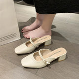 Semi-Slippers Women Wear 2024 Summer New Korean Version Of Square Head Thick Heels Muller High Heels
