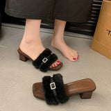 Breakj Low-Heeled Hairy Slippers In The Autumn And Winter Of 2025, French Style Toe Coarse And Slippers Wearing Women's