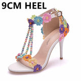 Queen High Heels 9CM 7CM 5CM Wedding Sandals Women Open Toe Strap Evening Party Summer Lace Flowers Pearl Tassel
