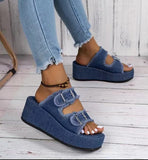 Breakj New Large-Size Lame And Denim Belt Buckle A Pedal Cool Slippers For Women To Wear Thick Bottom