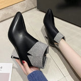Soft Leather Thin Heels Ankle Boots Women's Crystal Cuffed Winter Shoes Elegant Pointed Toe Keep Warm Short Booties