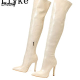 Runway Style Green Snake Print Leather Thigh High Boots Women Stiletto Heels Winter Pointed Toe Zip Over The Knee