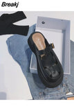 Heels Shoes Woman 2023 Slippers Flat Cover Toe Low Platform Pantofle New Retro PU Fabric Basic Rome Rubber
