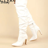 Fashion Design Pleated Leather Over The Knee Boots Sexy Pointed Toe Zip White High Heels Autumn Winter Women