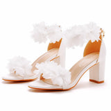 Breakj Cm Thick Heeled Light Mouth With Sandals Round Head Fish Mouth Flowers High Heel Sandals White Bride Wedding Shoes