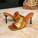 Breakj Women's High-Heeled Sandals Fashion Square Head Gold High Heel Women's Shoes Fine High Heel Sandals One Foot Pedal Simple Go Out Women's