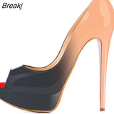 New Women Pumps Sexy Platform Peep Toe 14cm Extremely High Heels Stiletto Patent Leather Party Nighclub Red Wedding