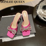 Rhinestone Butterfly Knot Slippers Fine Heel Sandal Women Crystal Fairy Pink Blue Bow Diamond High Heel Mule Shoes For