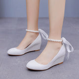 Breakj Cm White Beads Thick Bottom Heels Mary Jane's Shallow Mouth Single Shoe Ribbon Thin Wedding Dress High