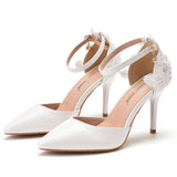 Breakj Lace Flower Wedding Shoes One-Word Wristband Bridal Shoes Fine Heel Sharp Wedding Shoes Women Sandals Car Show