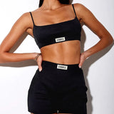 Ribber Women Set White Spaghetti Strap Crop Top And Mini Biker Shorts Embroidery Two Piece Sets Sexy Outfit