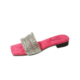 Women's Rhinestone Flat Slide Sandals, Glitter Square Open Toe Non Slip Shoes, Outdoor Beach