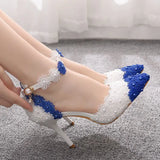 Breakj Cm Tling Blue And White Lace Flower Banquet Stage Sandals Fine Heel Sandals Women's Ball Cheongsam Pointed